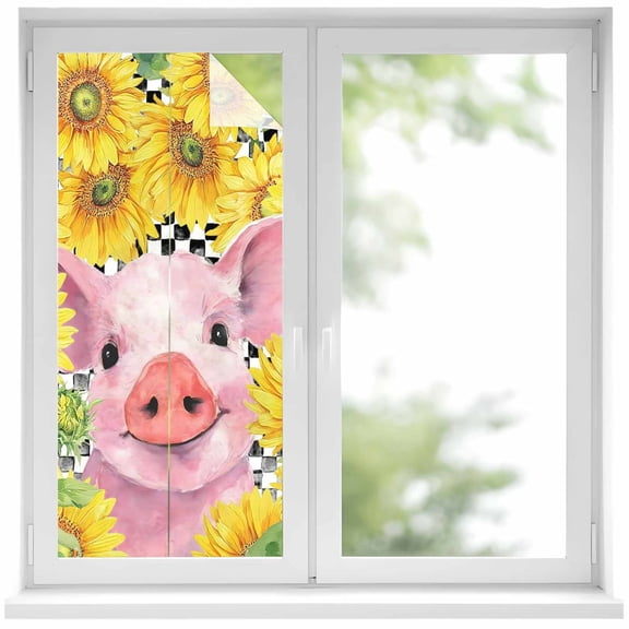 Farmhouse Sunflowers Window Privacy Film, Country Watercolor Pig Black Plaid Static Cling UV Sun Blocking Heat Control Window Tint Day and Night, Non-Adhesive One Way Privacy Cover 19.6''x39.3''