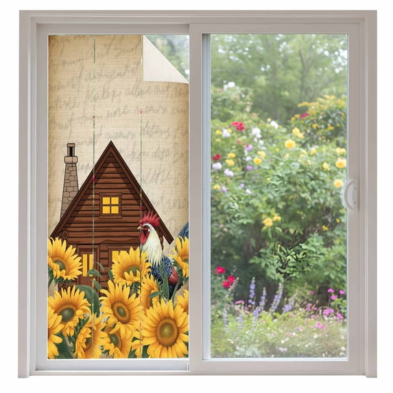 Farmhouse Sunflowers Window Privacy Film, Vintage Roosters Farm Countryside Static Cling UV Sun Blocking Heat Control Window Tint Day and Night, Non-Adhesive One Way Privacy Cover 35.4''x78.7''