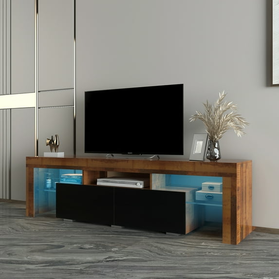 Farmhouse TV Console Table, Living Room Wooden TV Stand for 32-70 Inch Television, Heavy Duty TV Cabinet with Storage Drawers, Media Shelf and LED Lights, Entertainment Center Gaming Console, Fir Wood