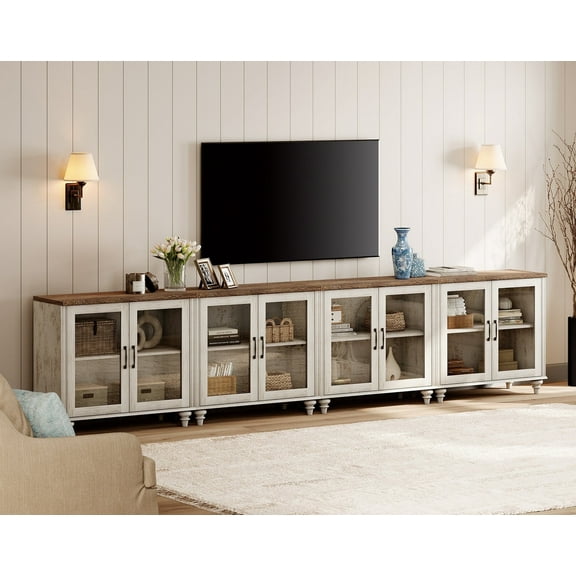 Farmhouse TV Stand for 100-Inch TVs, Glass-Door Universal TV Stand with 4 Storage Cabinets, Entertainment Center for 75/80/85/90-Inch TVs, Console Table for Living Room, Bedroom, Rustic White