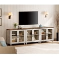 thumbnail image 1 of Farmhouse TV Stand for 100-Inch TVs, Glass and Wooden Universal TV Stand with 3 Storage Cabinets, Entertainment Center for 75/80/85/90-Inch TVs, Console Table for Living Room, Bedroom, Rustic White, 1 of 8