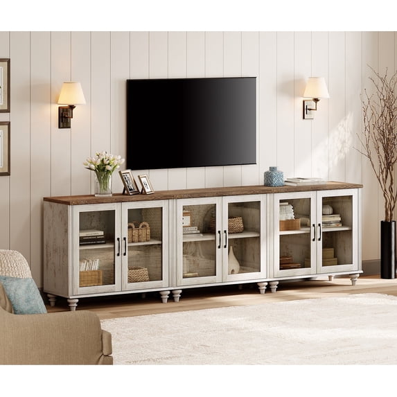 Farmhouse TV Stand for 100-Inch TVs, Glass and Wooden Universal TV Stand with 3 Storage Cabinets, Entertainment Center for 75/80/85/90-Inch TVs, Console Table for Living Room, Bedroom, Rustic White