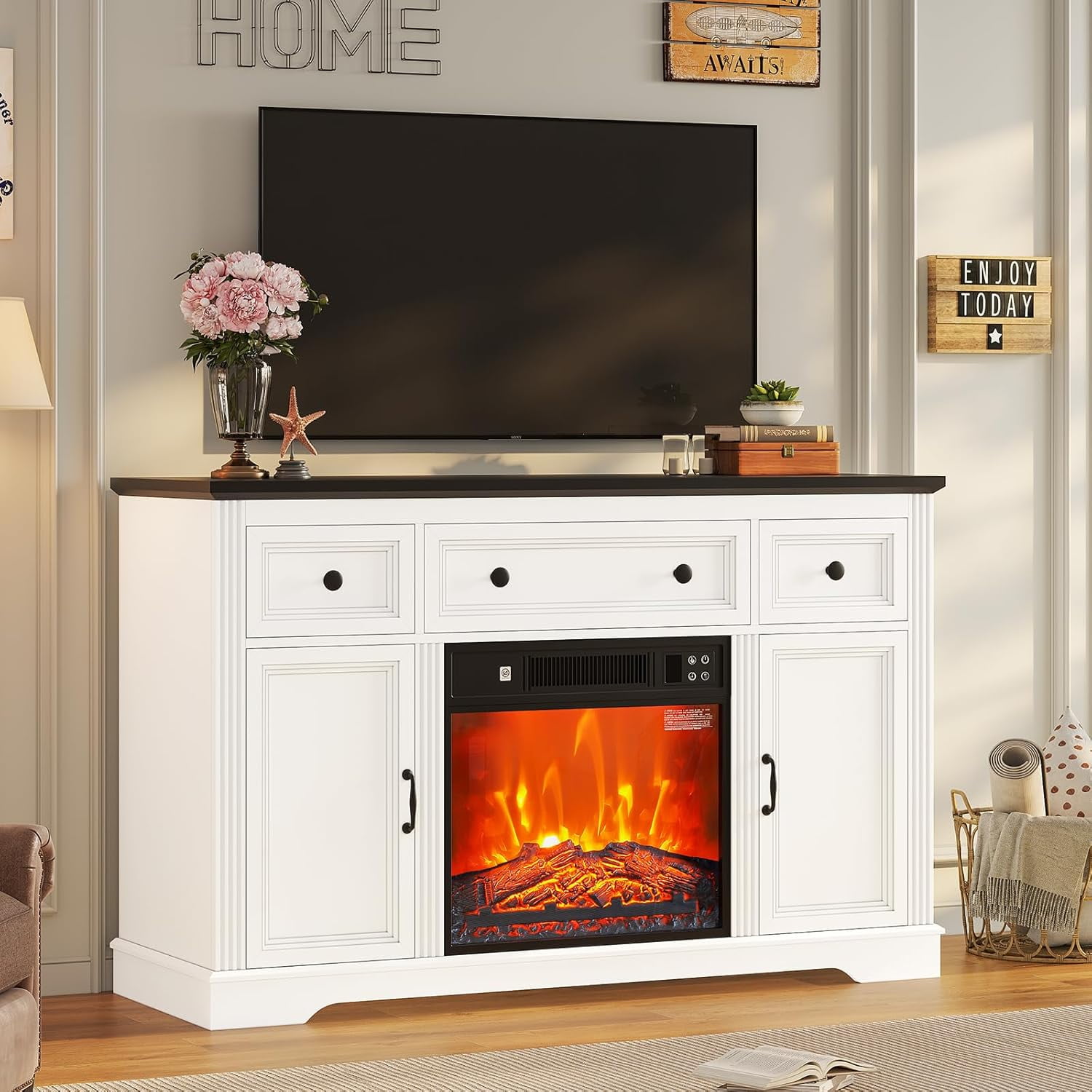 Farmhouse TV Stand with 18" Electric Fireplace for 55 Inch TVs, Tall