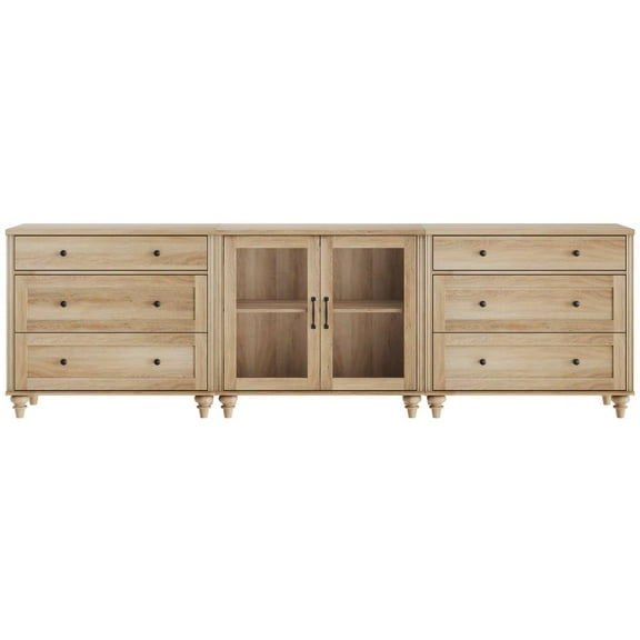 Farmhouse TV Stand, 3-in-1 TV Console Table for 75/80/85/90-Inch TVs, Entertainment Center with Drawer & Glass Door, Oak