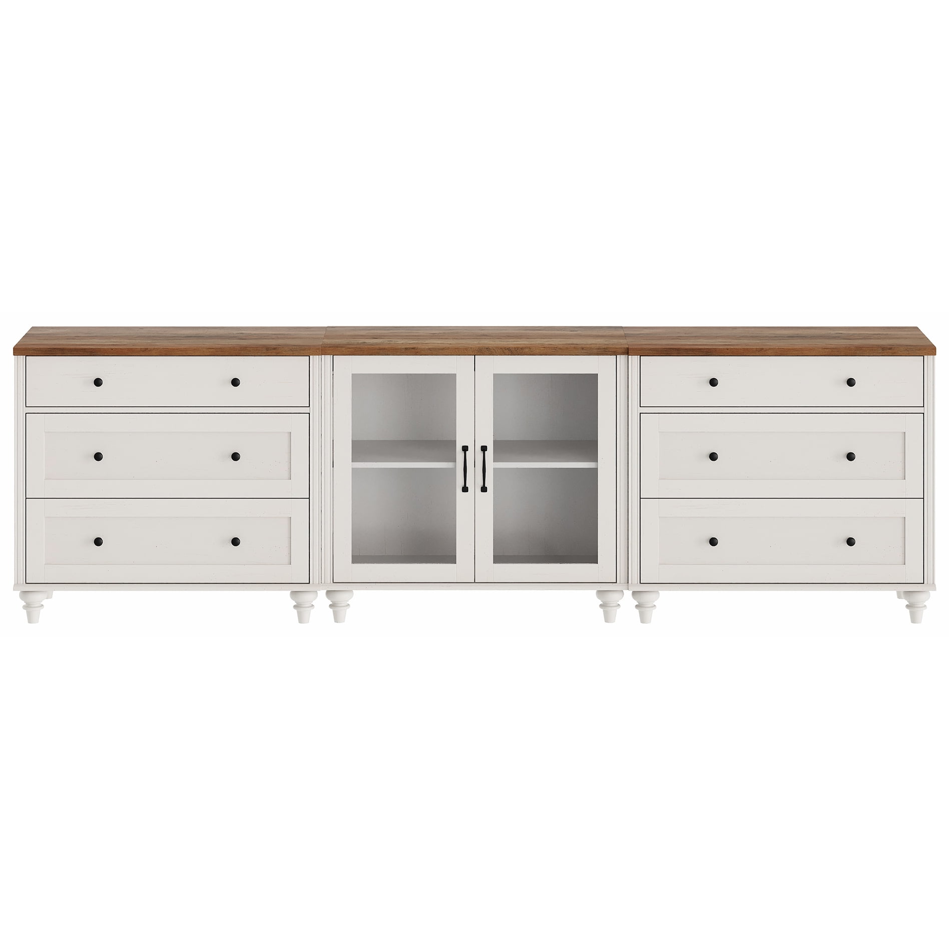 Farmhouse TV Stand, 3-in-1 TV Console Table for 75/80/85/90-Inch TVs, Entertainment Center with Drawer & Glass Door, White