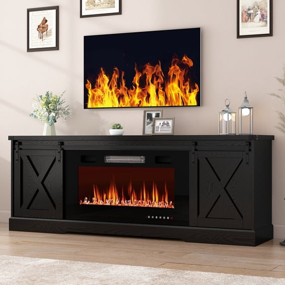 Farmhouse TV Stand with 36” Fireplace for 70/75/80 Inch TVs, 70 inch Fireplace TV Stand Entertainment Center Media Console Cabinet with Sliding Barn Doors for Living Room
