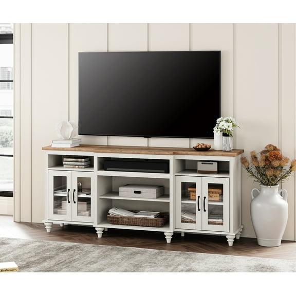 Farmhouse TV Stand with 4 Glass Doors for TVs up to 75'', Highboy Entertainment Center with 9 Storages, 70'' Wood TV Console for Livng Room Bedroom, Antique White