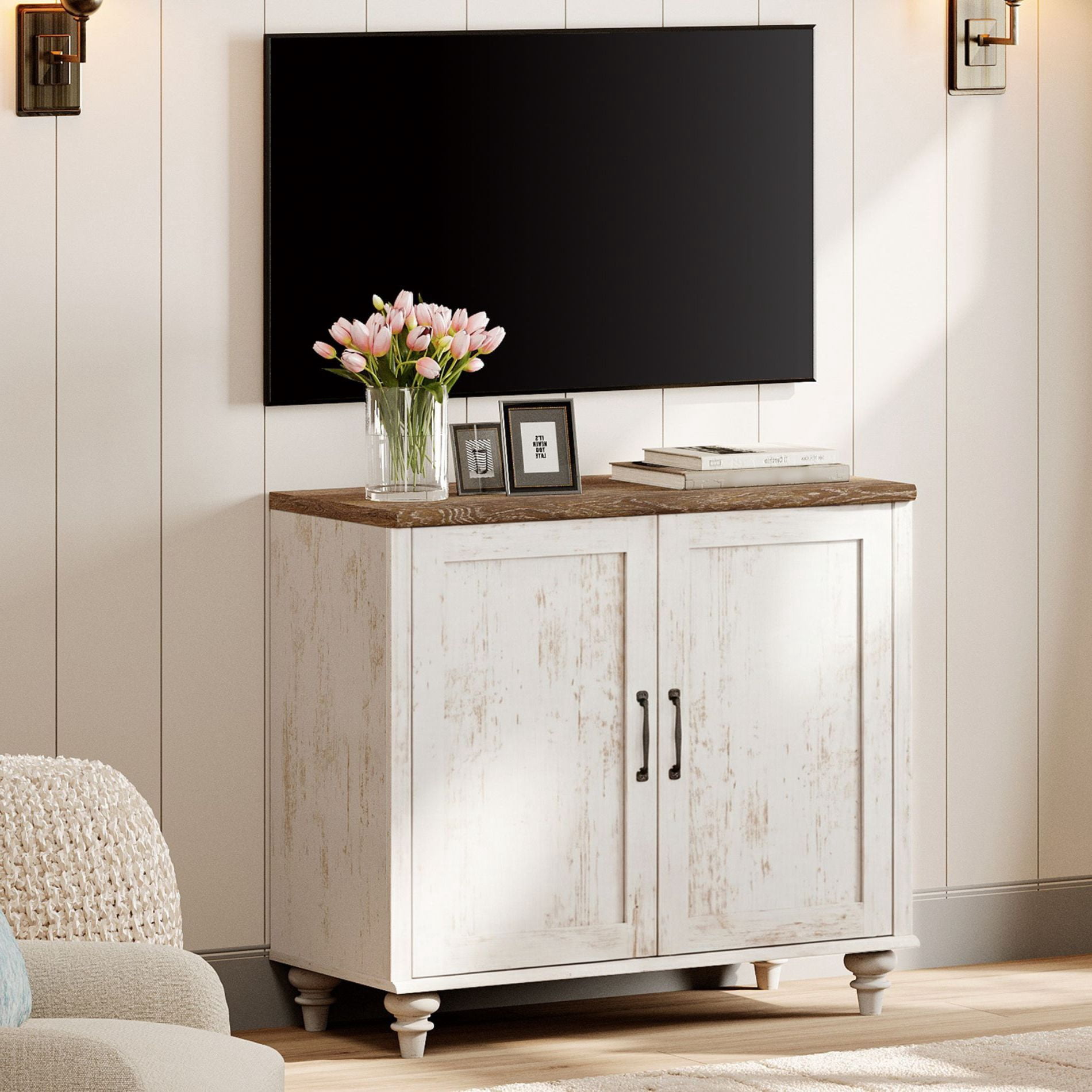 Farmhouse TV Stand For 43 Inch TV With 2 Wood Doors, Wood Universal TV Stand With Storage Cabinets, Entertainment Center TV Console Table For Living Room, Bedroom, Rustic White