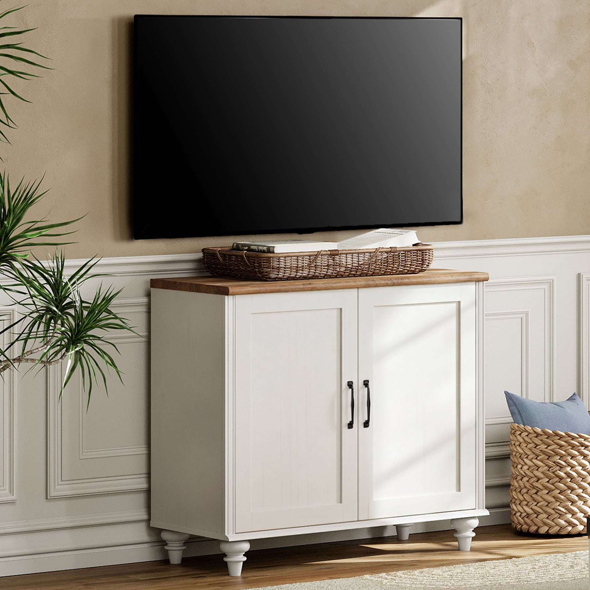 Farmhouse TV Stand For 43 Inch TV With 2 Wood Doors, Wood Universal TV Stand With Storage Cabinets, Entertainment Center TV Console Table For Living Room, Bedroom, White