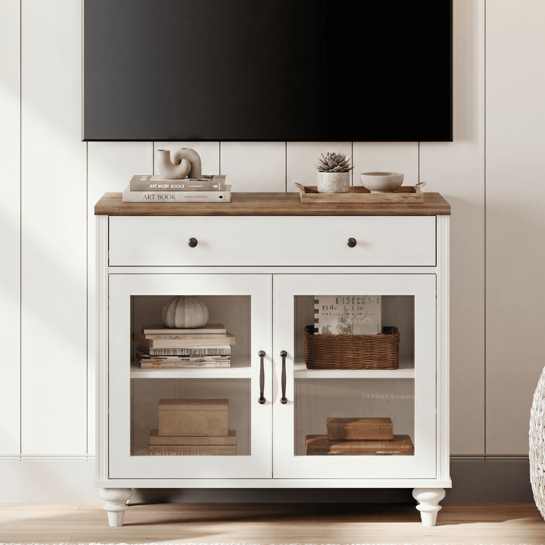 Farmhouse TV Stand For 43 Inch TV With Glass Doors And Drawer, Wood Universal TV Stand With Storage Cabinets, Entertainment Center TV Console Table For Living Room, Bedroom, White