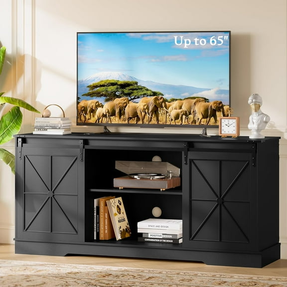 Farmhouse TV Stand for 55 60 65 Inch TV, Mid Century Modern TV Cabinet with Storage and Sliding Barn Doors, Easy Assembly, Entertainment Center Console Table for Bedroom Living Room-Black