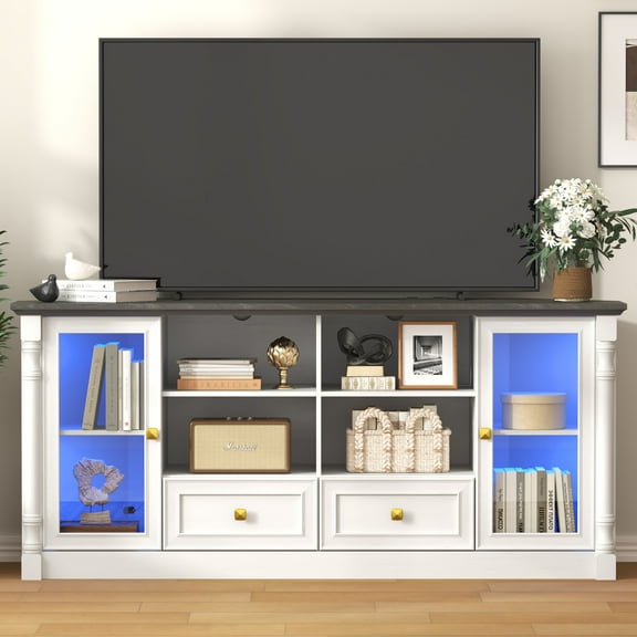 Farmhouse TV Stand for 55 60 65 Inch TVs, Corner Entertainment Center with 2 Storage Drawers and 2 Display Cabinet & Power Outlet and LED Lights, Wood TV Console Table for Living Room, Bedroom, White