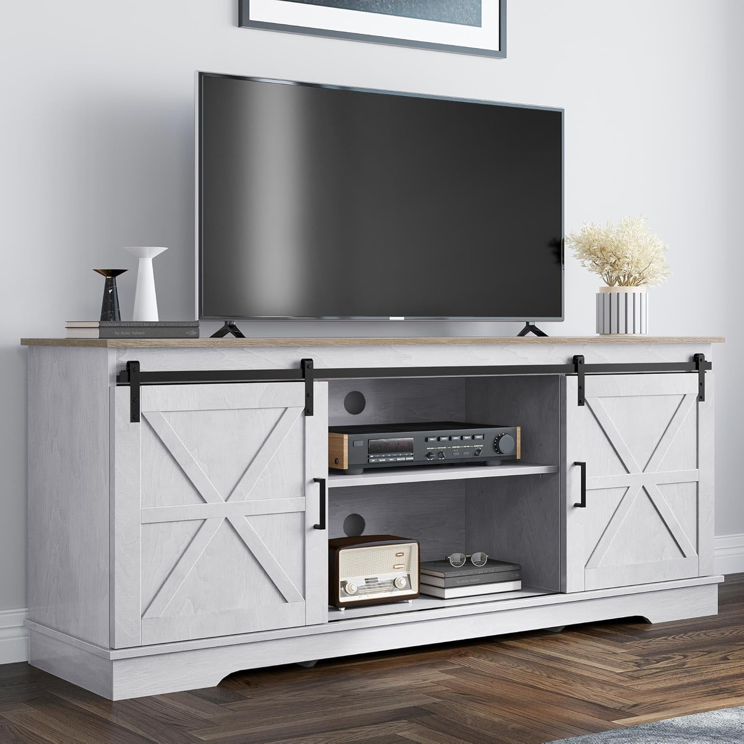 Farmhouse TV Stand for 65/60/55 Inch, Modern Entertainment Center with Sliding Barn Door, Wood ...