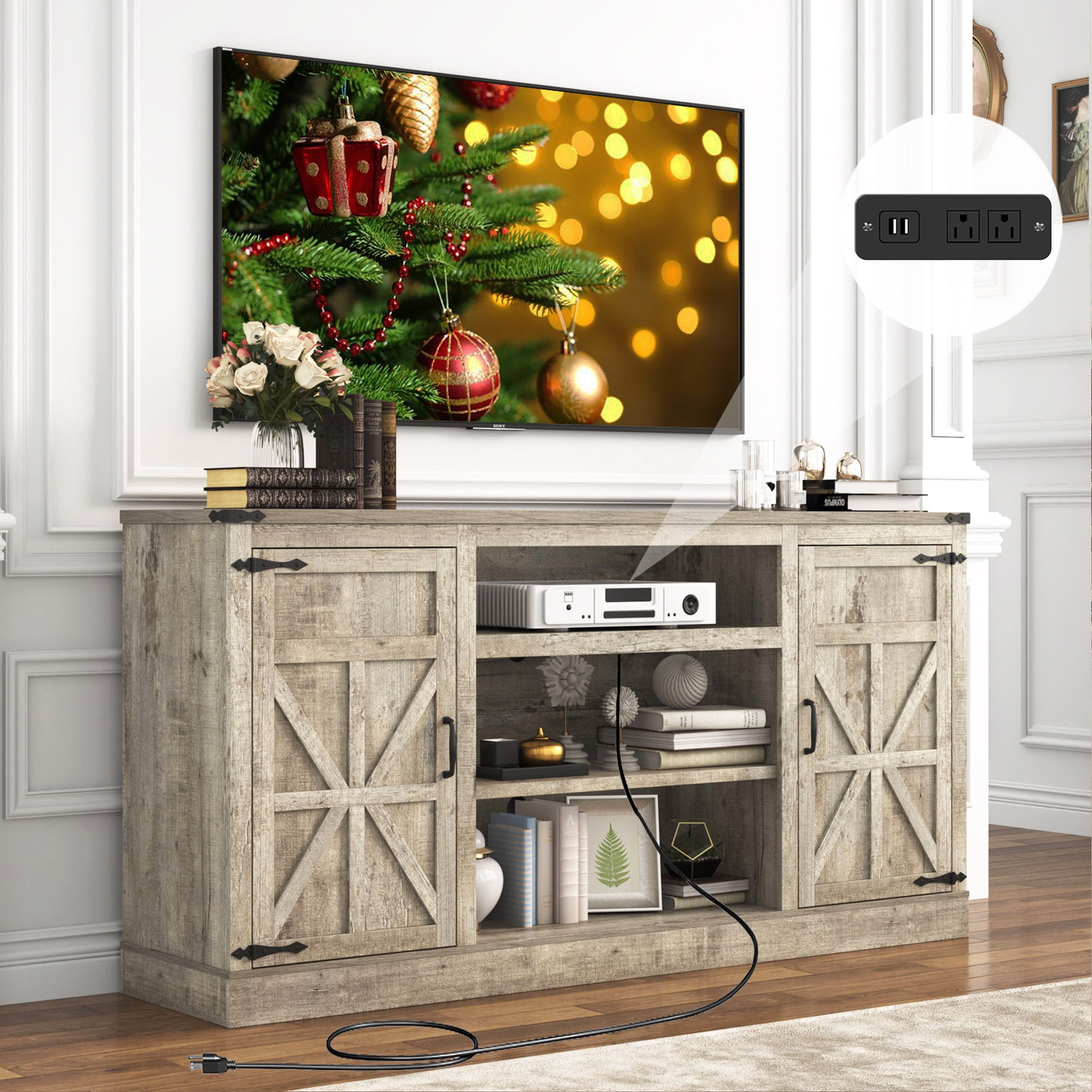 Farmhouse TV Stand for 65" 70" up 75" TVs with Power Outlet, 33" Tall ...