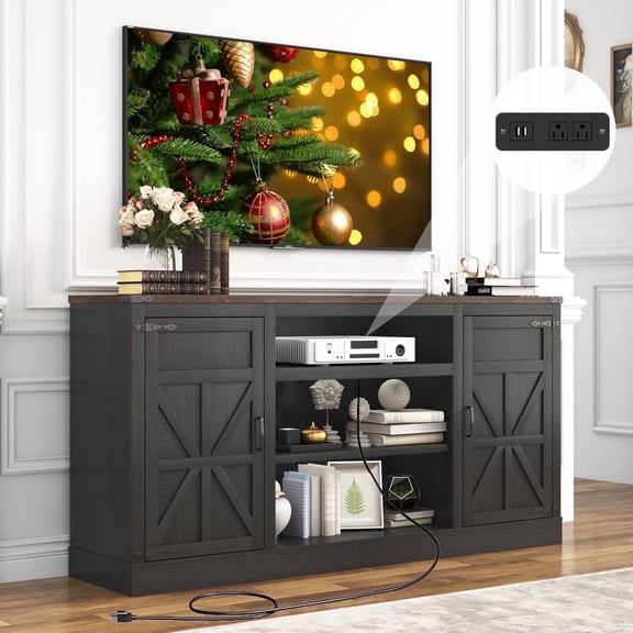 Farmhouse TV Stand for 65" 70" up 75" TVs with Power Outlet, 33" Tall TV Stand Entertainment Center with Storage, Black TV Consoles for Living room Bedroom