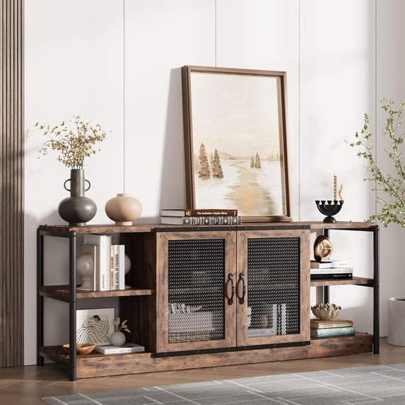 Farmhouse TV Stand for 65/75 inch TV, Entertainment Center with Storage Cabinet, Industrial TV Console Cabinet with Mesh Doors, 63" Rustic TV Media Console Table for Living Room