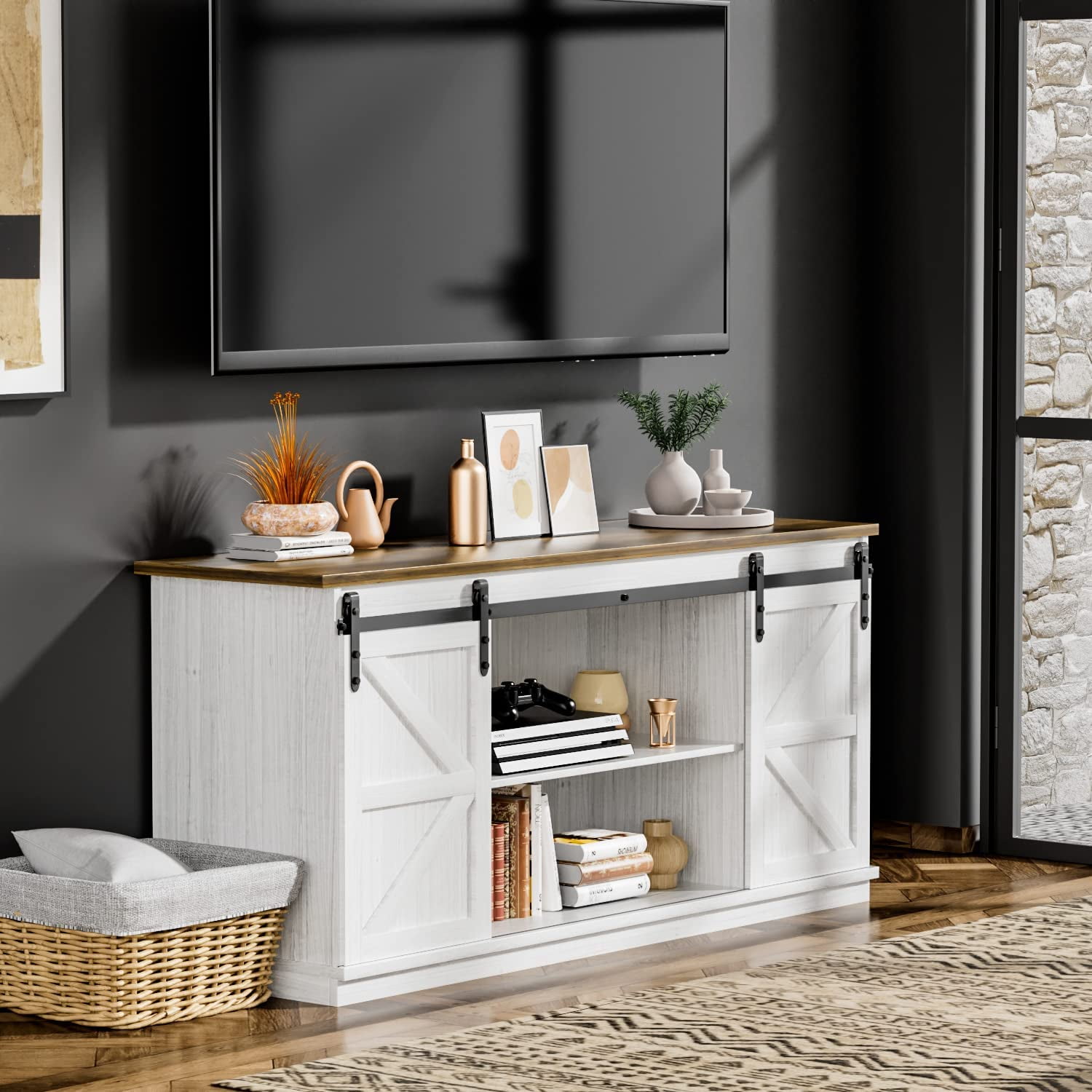 Farmhouse TV Stand for 65 Inch TV Modern Television Stands Mid Century