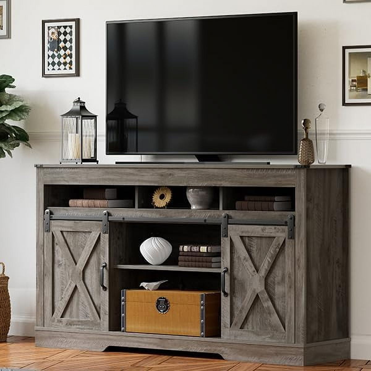Farmhouse TV Stand for 65+ Inch TV, 34'' Tall Entertainment Center with Sliding Barn Doors ...
