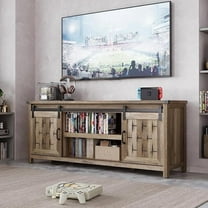 Farmhouse TV Stand for 70 Inch TVs with Sliding Barn Door and Adjustable Shelves Light Brown