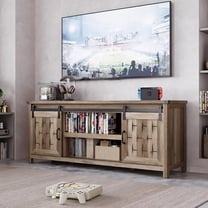 Farmhouse TV Stand for 70 Inch TVs with Sliding Barn Door and Adjustable Shelves Light Brown