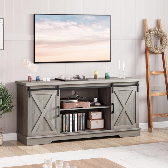 Farmhouse TV Stand for 65 Inch TV, Entertainment Center with Sliding Barn Doors and Storage Cabinets, Mid Century Grey Media TVs Console Table for Living Room