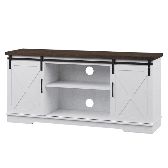 Farmhouse TV Stand for 65 Inch TV, Entertainment Center TV Media Console Table, Tall TV Stand with Storage, Barn Doors and Shelves, White Modern TV Console Cabinet Furniture for Living Room