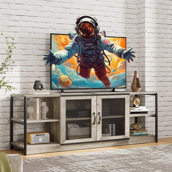 Farmhouse TV Stand for 65+ Inch TV, Industrial Tv Stands with 2 Mesh Door and Shelves, with Storage Cabinet, Rustic Dark Wood Media Console Table for Living Room, Bedroom