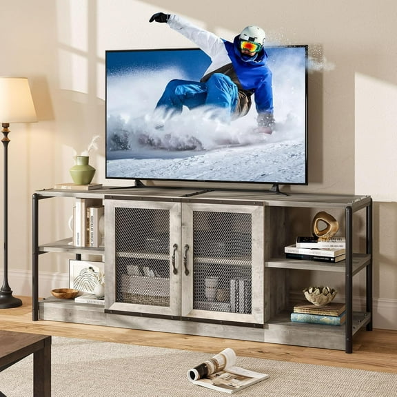 Farmhouse TV Stand for 65+ Inch TV, Industrial Tv Stands with 2 Mesh Door and Shelves, with Storage Cabinet, Rustic Dark Wood Media Console Table for Living Room, Bedroom