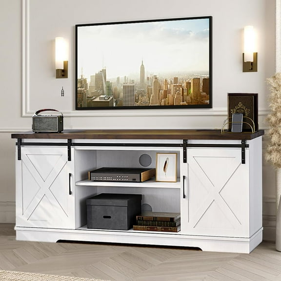 Farmhouse TV Stand for 65 Inch TV, Modern TV Stands with Sliding Barn Doors and Adjustable Shelf, Tv Media Console Table with Storage Cabinet for Living Room