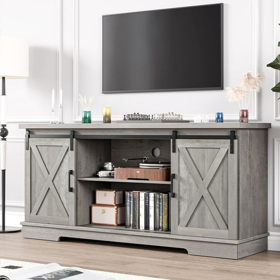 Farmhouse TV Stand for 65 Inch TV, Modern TV Stands with Sliding Barn Doors and Adjustable Shelf, Tv Media Console Table with Storage Cabinet for Living Room