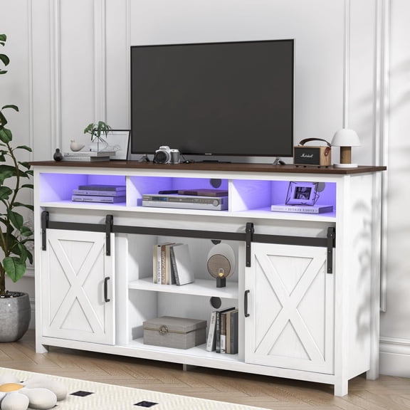 Farmhouse TV Stand for 65 Inch TV with Power Outlet, Entertainment Center with Storage and Sliding Barn Doors, White Wood Media Console for Living Room