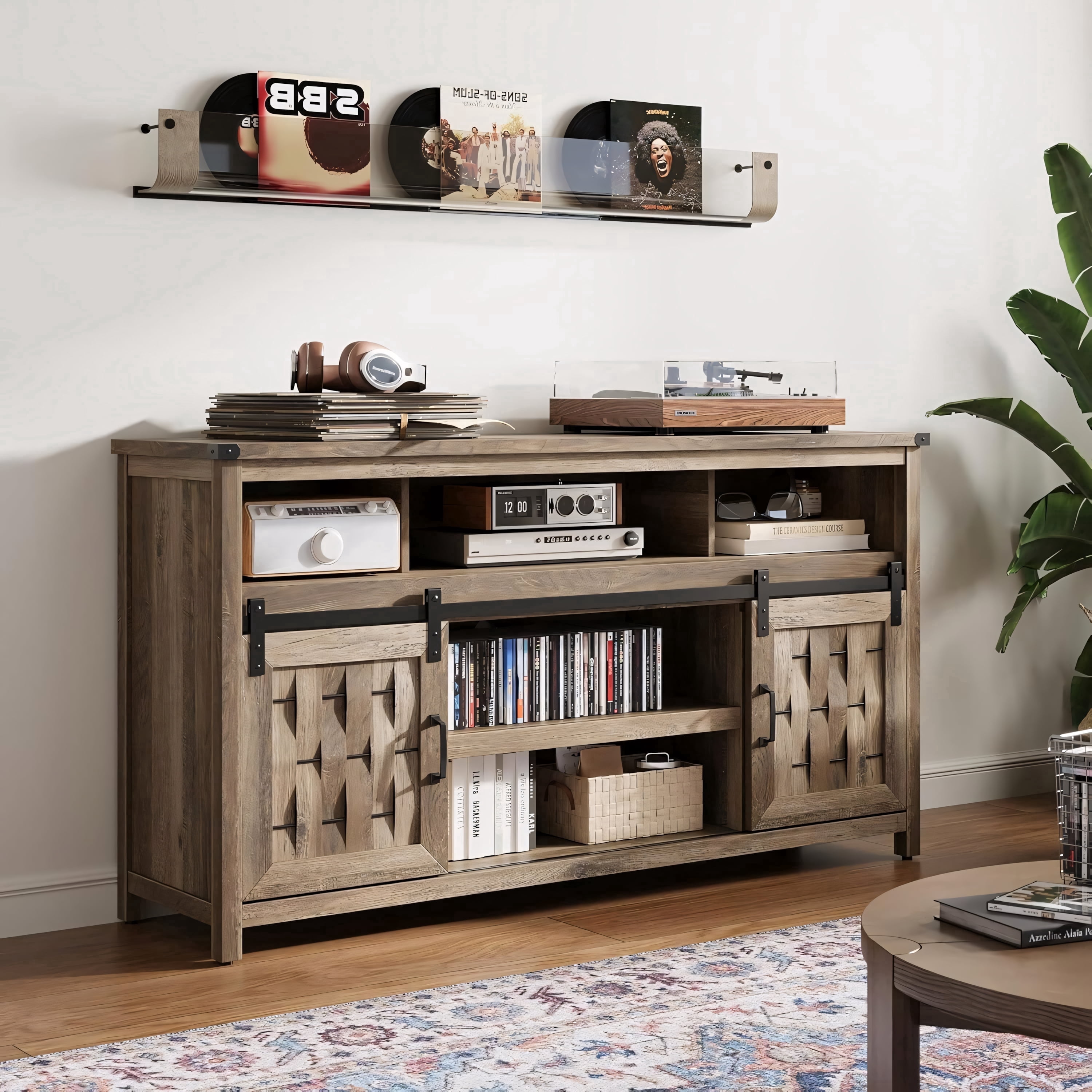 Tall Farmhouse TV Stand for 70 Inch TVs with Sliding Barn Door and Storage Shelves Light Brown