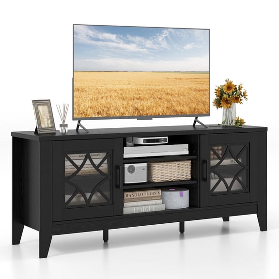 Farmhouse TV Console for 65 Inch TVs, Modern Media Stand with Glass Door Cabinets and 4 Adjustable Shelves, Cable Management Entertainment Center for Living Room, Black