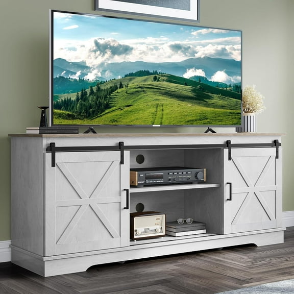 Farmhouse TV Stand for 65 Inch Television Stand, Entertainment Center with Storage Cabinets and Sliding Barn Doors, Rustic Media TV Console Table for Living Room, Grey White/Grey Wash