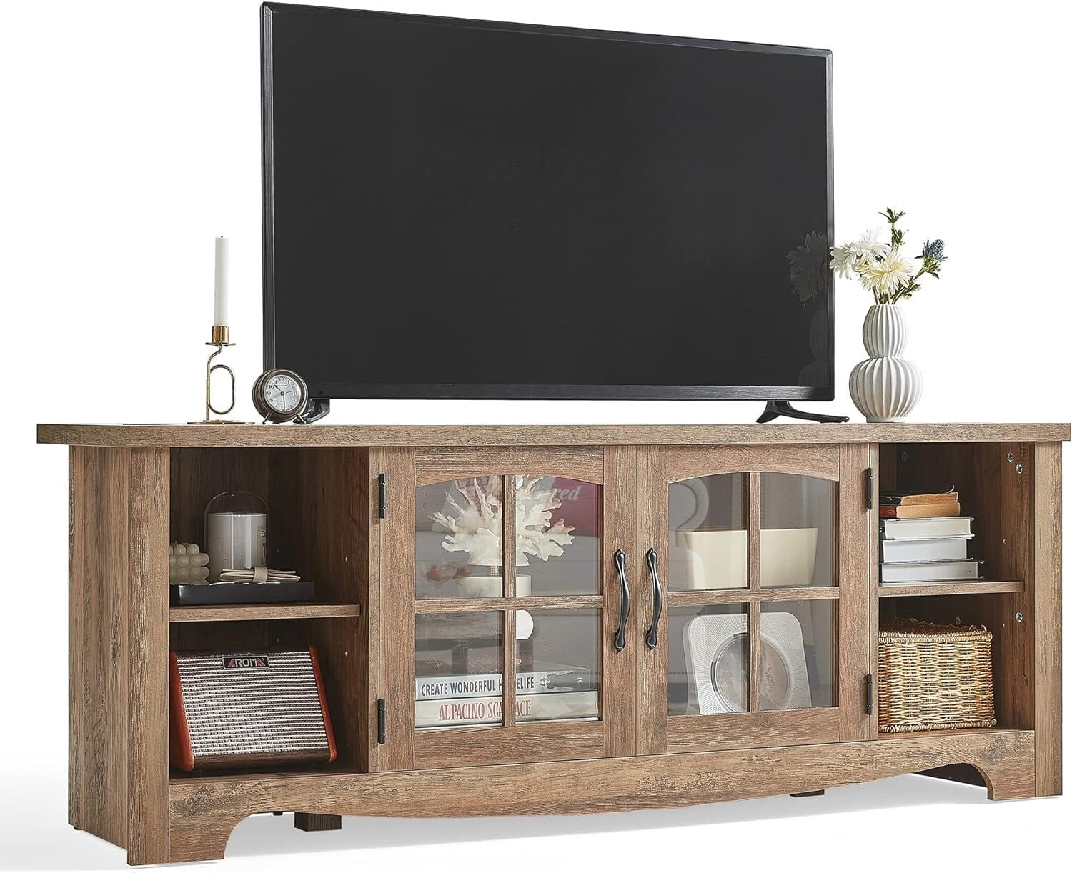 Farmhouse TV Stand for 65 Inch TV Wood Entertainment Center with Glass