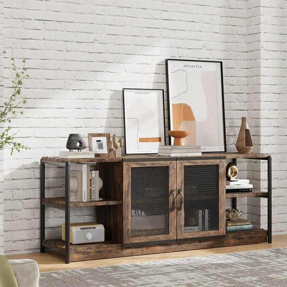 Farmhouse TV Stand for 65" TVs, Rustic Wood Entertainment Center with Storage Cabinet and 2 Mesh Doors, Vintage Media Console for Living Room, Bedroom, Brown