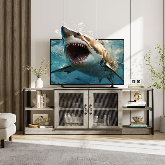 Farmhouse TV Stand for 75/80 inches TVs, Entertainment Center with Storage Cabinet, Industrial TV Media Console Cabinet Table, Living Room Media Furniture, Grey