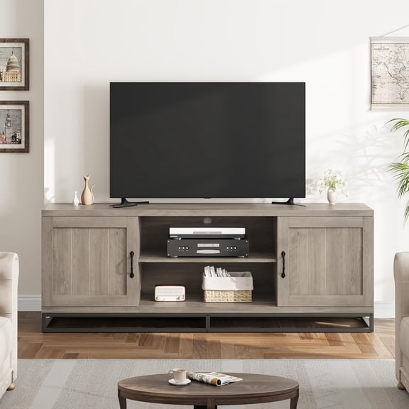Farmhouse TV Stand for 75 Inch TV, Gray Wooden Entertainment Center with 2-Tier Adjustable Shelves, Metal Legs and Storage Compartments, Media Console for Living Room
