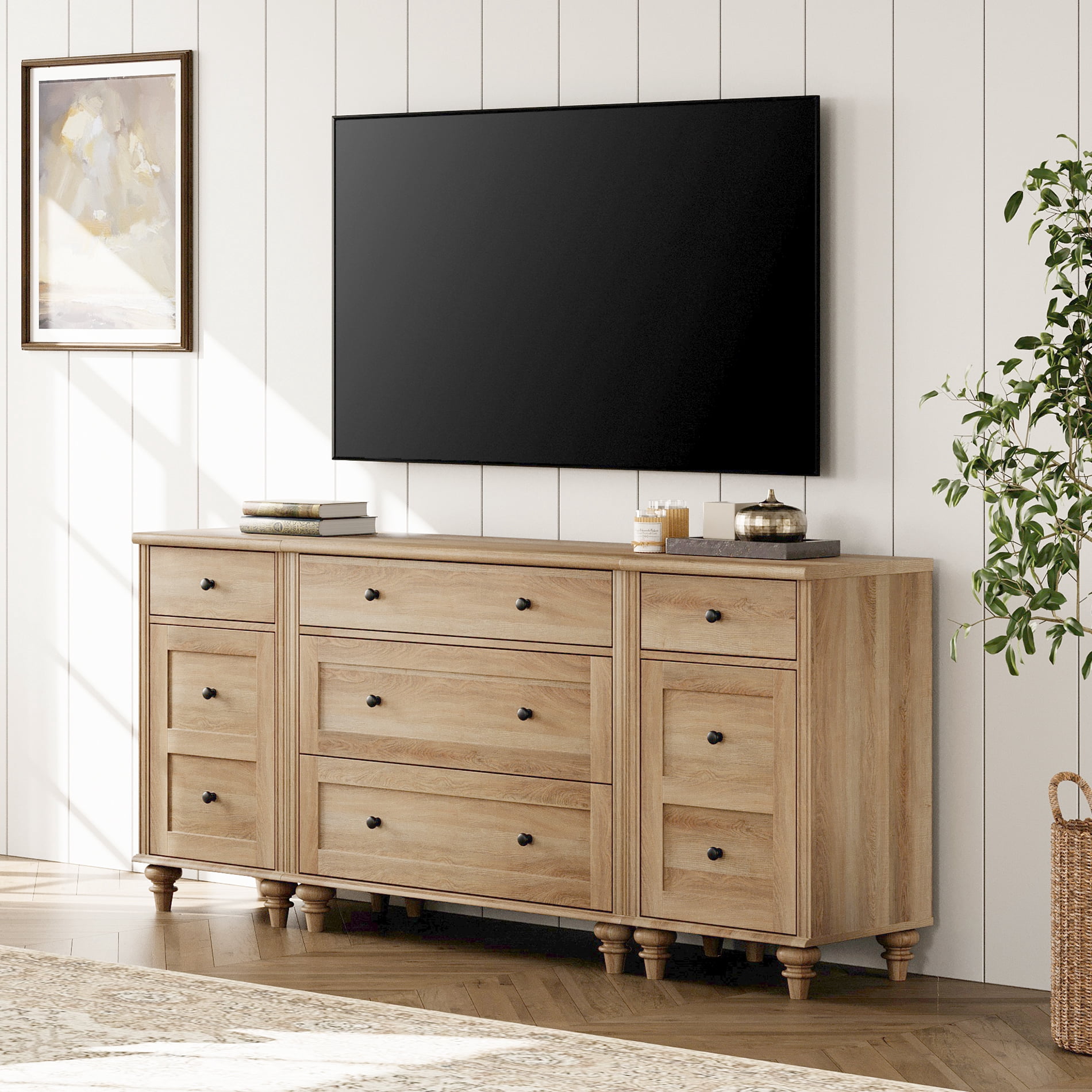 WAMPAT Modern TV Stand for 75 Inch TV, Dresser with 5 Drawers and 2 Doors, Wood Nightstands with Charging Station for Living Room Wood TV Console Table for 70 65 80 inch TV for Bedroom, Oak