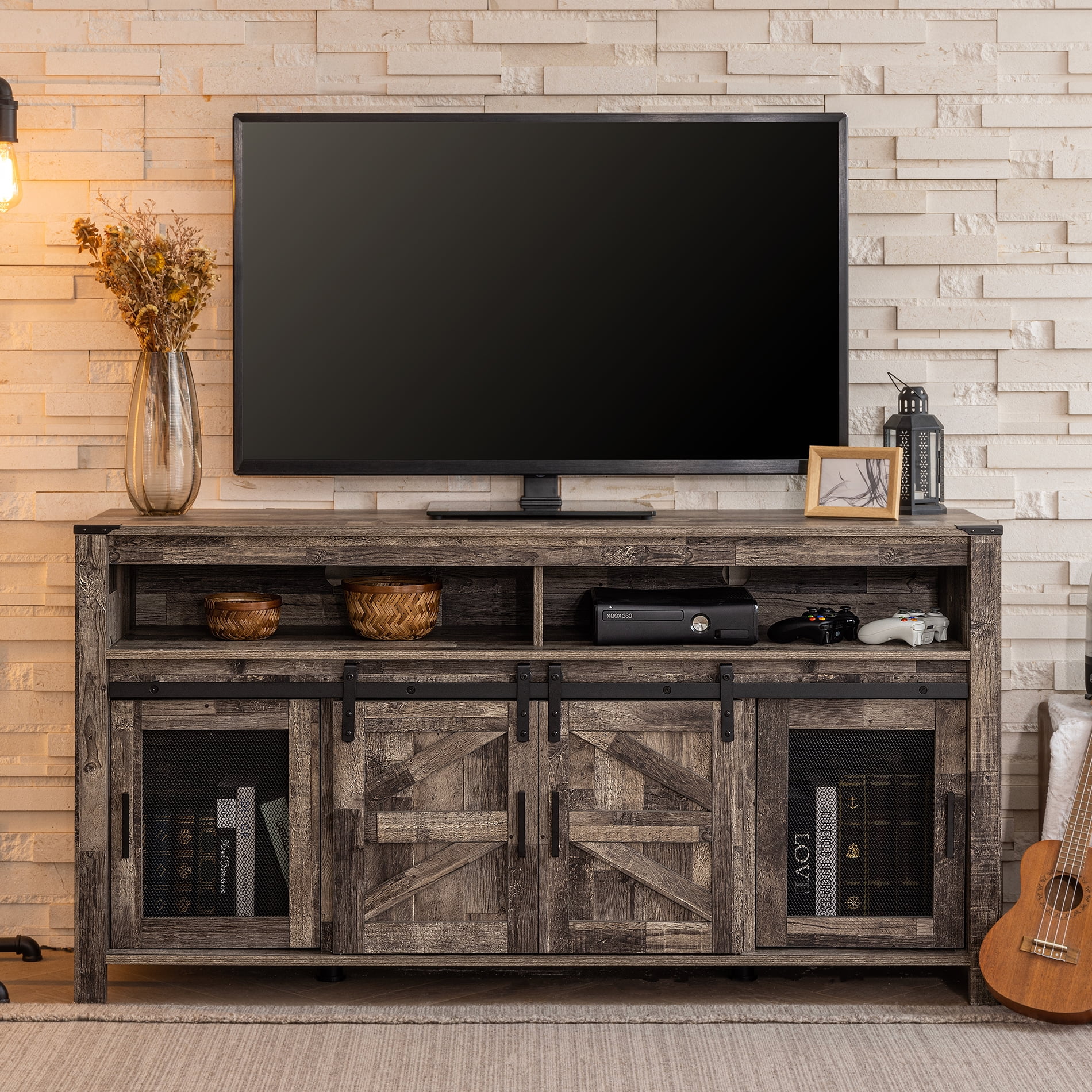 Farmhouse TV Stand with Barn Doors for 65 Inch TV, Dark Rustic Oak Wooden Entertainment Center