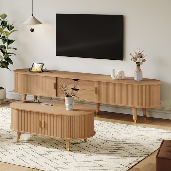 Farmhouse TV Stand & Coffee Table Set with Charging Station, Oval Fluted Media Console with Sliding Doors for TVs up to 80", Mid-Century Center Table for Living Room, Natural