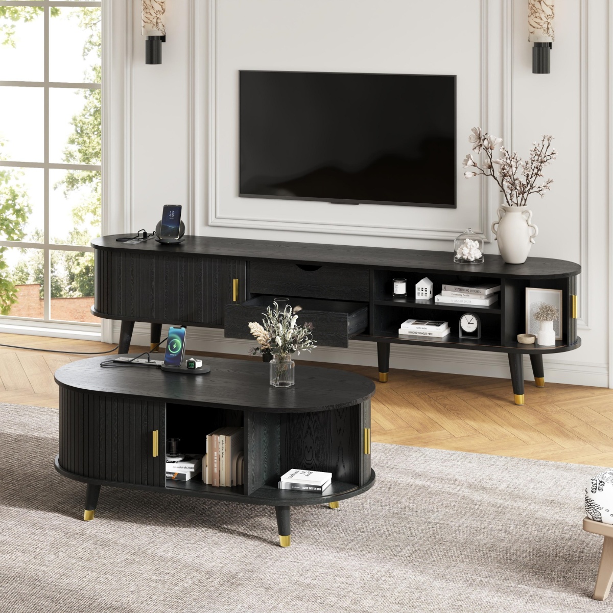 Farmhouse TV Stand and Coffee Table Set with Charging Station, Oval — free download