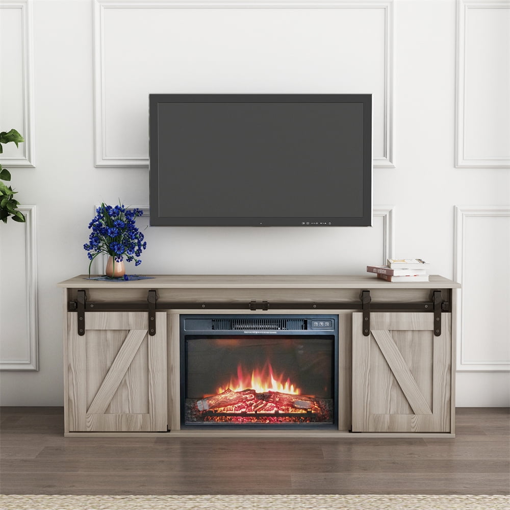 Farmhouse TV Stand with Electric Fireplace for TV up to 65 Inch, Wood