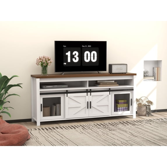 Farmhouse TV Stand, Entertainment Center with Storage Cabinets and Sliding Barn Doors, Adjustable Shelf, Modern Media TV Console Table for Living Room Bedroom