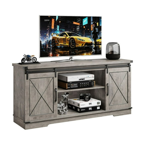 Farmhouse TV Stand and Entertainment Center for TV Up to 65 Inches with Sliding Barn Doors and Adjustable Shelf, TV Media Storage Console Table and Furniture for Living Room, Bedroom
