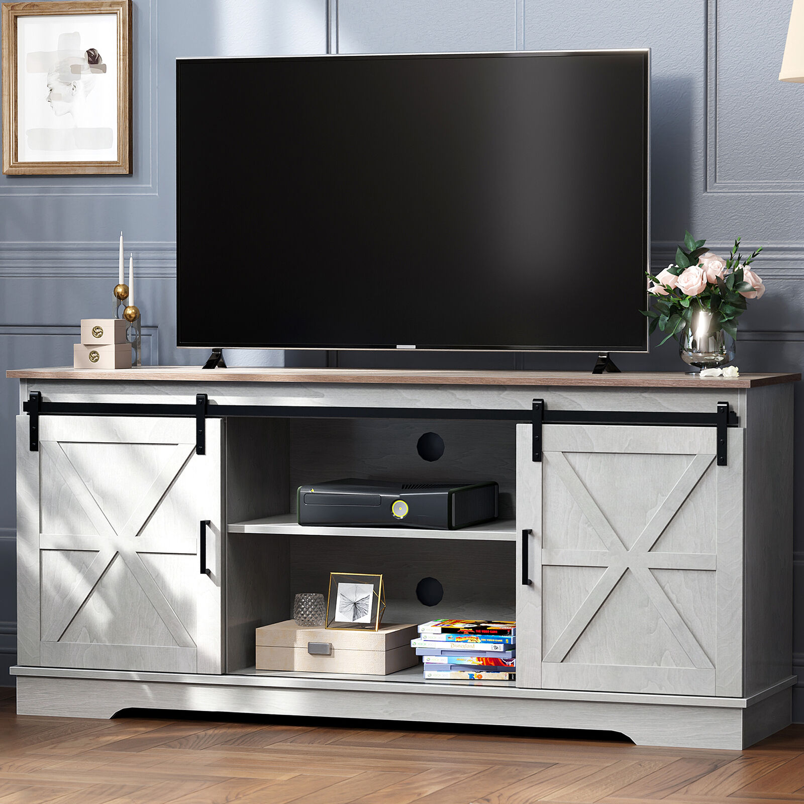 Farmhouse TV Stand Entertainment Center w/ Sliding Barn Door For 60/65