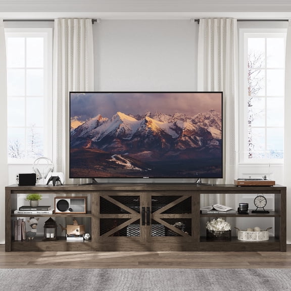 Farmhouse TV Stand, Fits 70/80/90 inch TVs, with LED Lights, Barn-Style Mesh Doors & Adjustable Shelves, for Living Room, Rustic Brown