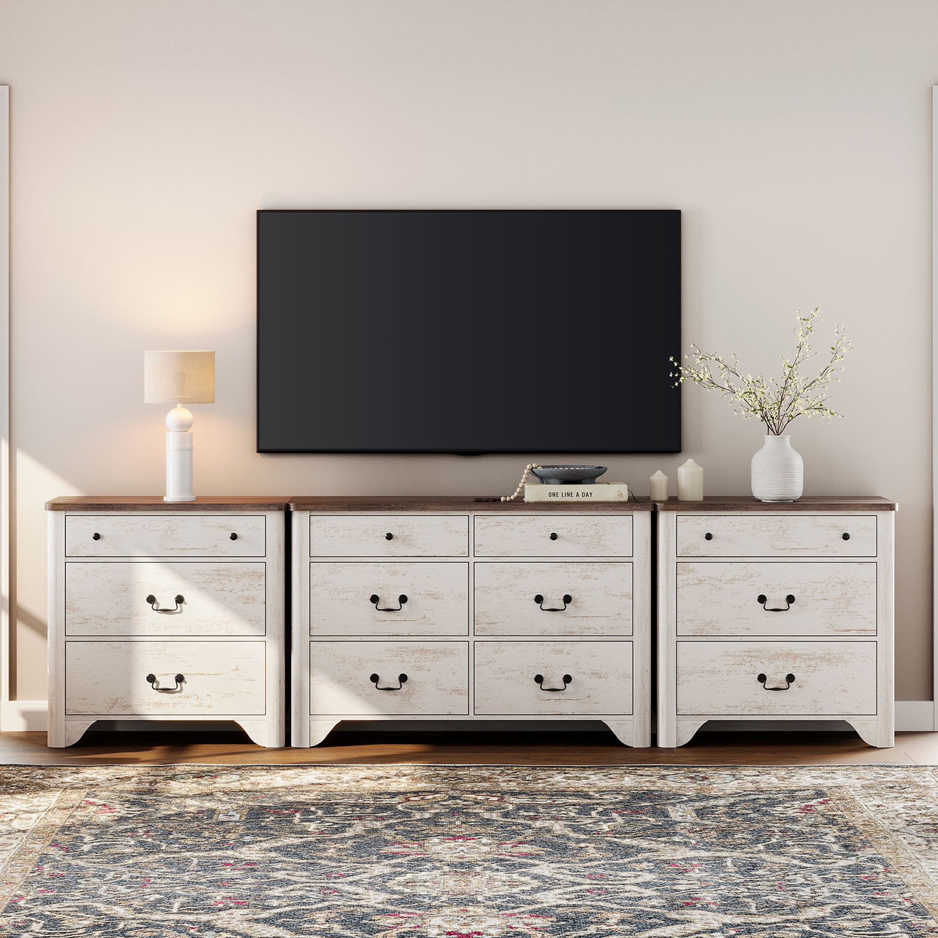 Farmhouse TV Stand For Tvs Up To 110", 3-In-1 TV Stands With 12 Drawers, Entertainment Center TV Console Storage Cabinets For Living Room Bedroom
