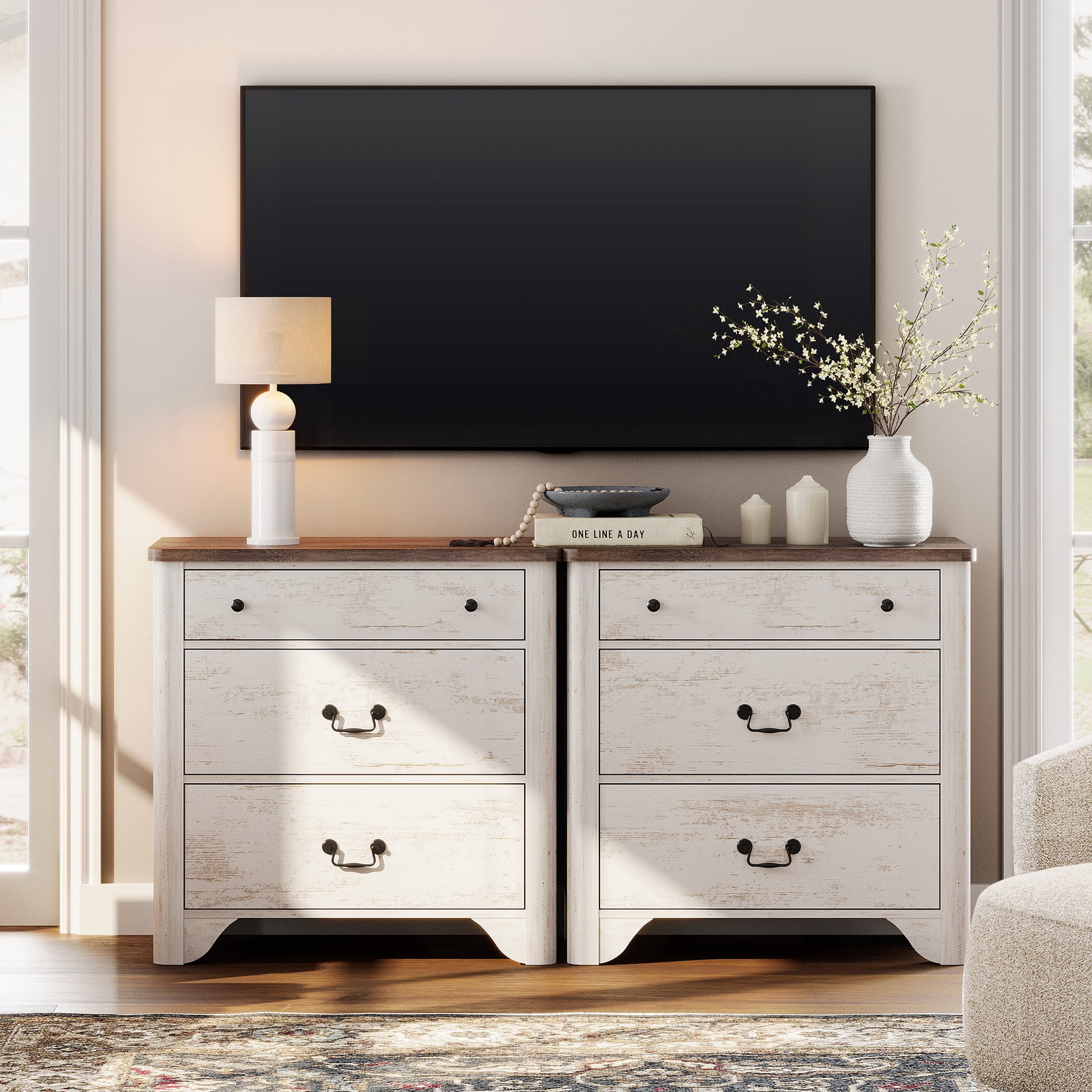 Farmhouse TV Stand For Tvs Up To 70", 2-In-1 TV Stands With 6 Drawers, Entertainment Center TV Console With Storage Cabinets For Living Room Bedroom