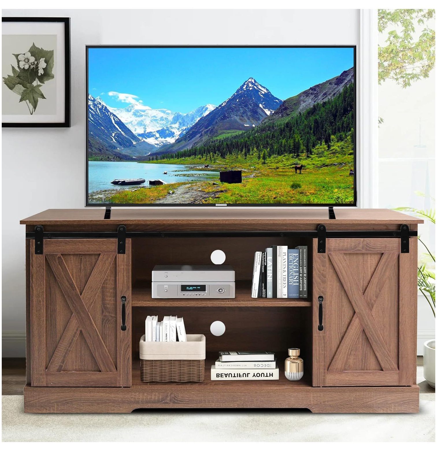 Farmhouse TV Stand, Modern Entertainment Center for Televisions Up to 65 Inch, Wood Storage